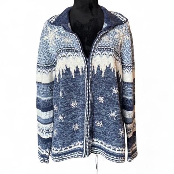 Stitches In Time vintage blue snowflake zip sweater XL embroidered winter - Picture 1 of 8